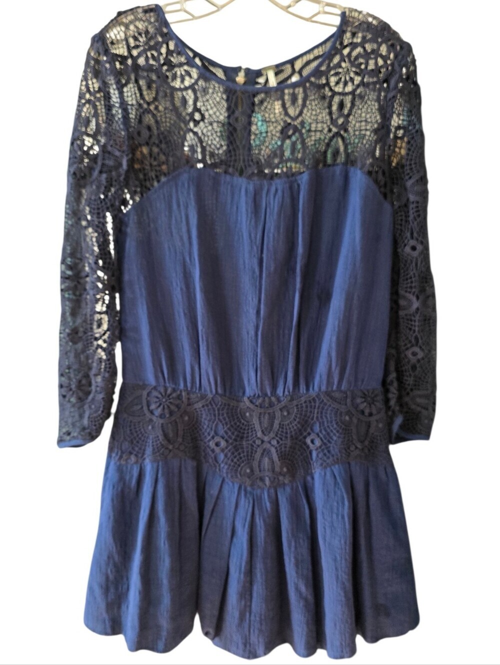 Free People Navy Blue Lace Yoke Long Sleeve Tunic Dress Size 8 (SEE FLAW)
